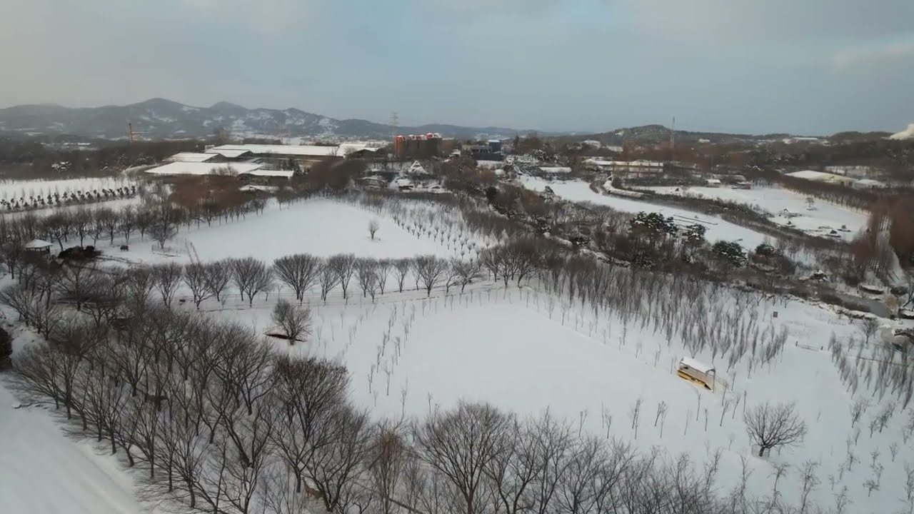 눈 덮인 겨울 아그로랜드 항공 장면 — 유튜브 영상 정지 화면